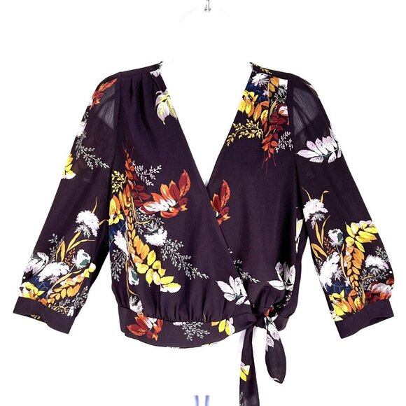 Madewell Womens S Wrap Style Blouse Burgundy Gold 3/4 Sleeve Bloomcore 70s Top - Picture 3 of 16